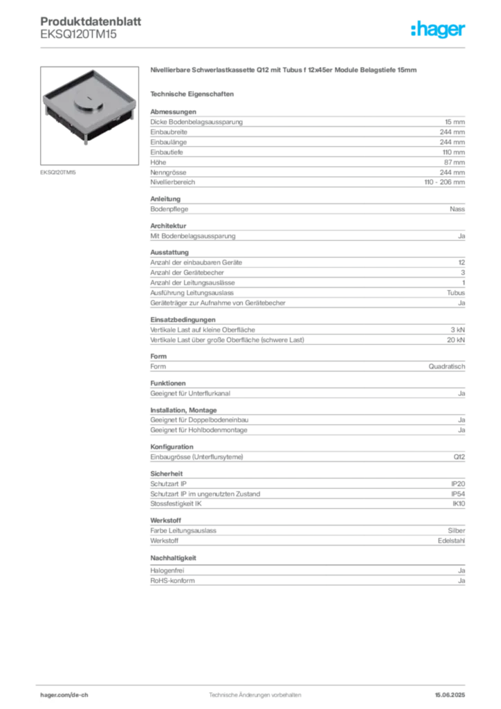 Bild Hager Produktdatenblatt EKSQ120TM15 | Hager Schweiz