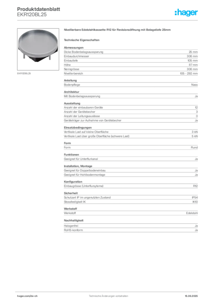 Bild Hager Produktdatenblatt EKR120BL25 | Hager Schweiz