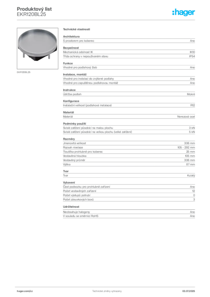 Obrázek Hager Produktový list EKR120BL25 | Hager
