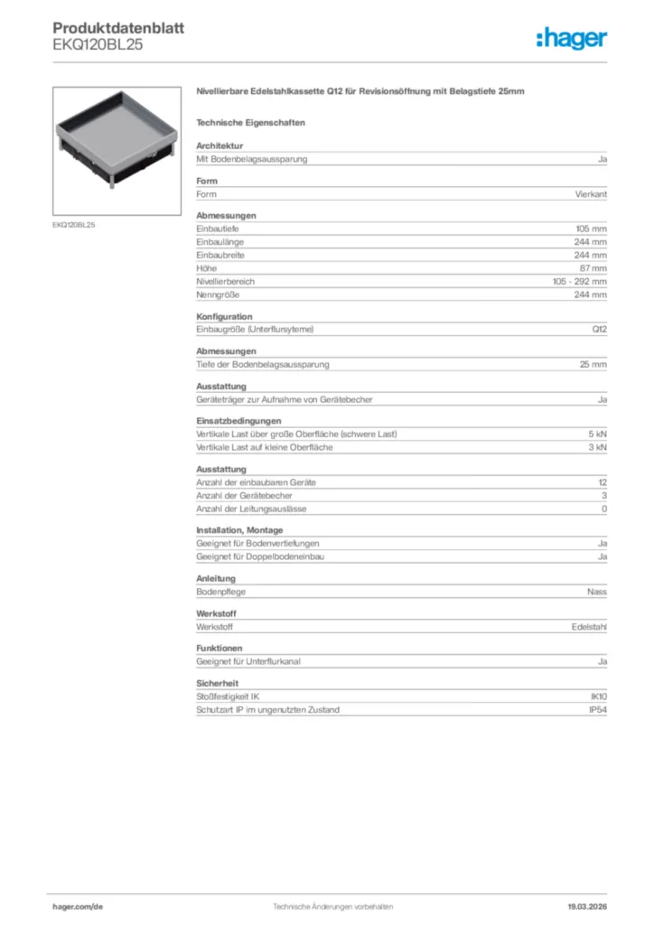 Bild Hager Produktdatenblatt EKQ120BL25 | Hager Deutschland