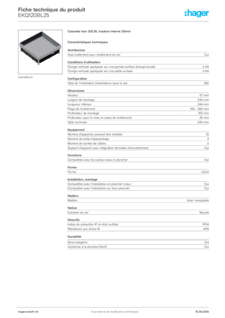 Image Hager Fiche technique du produit EKQ120BL25 | Hager Suisse