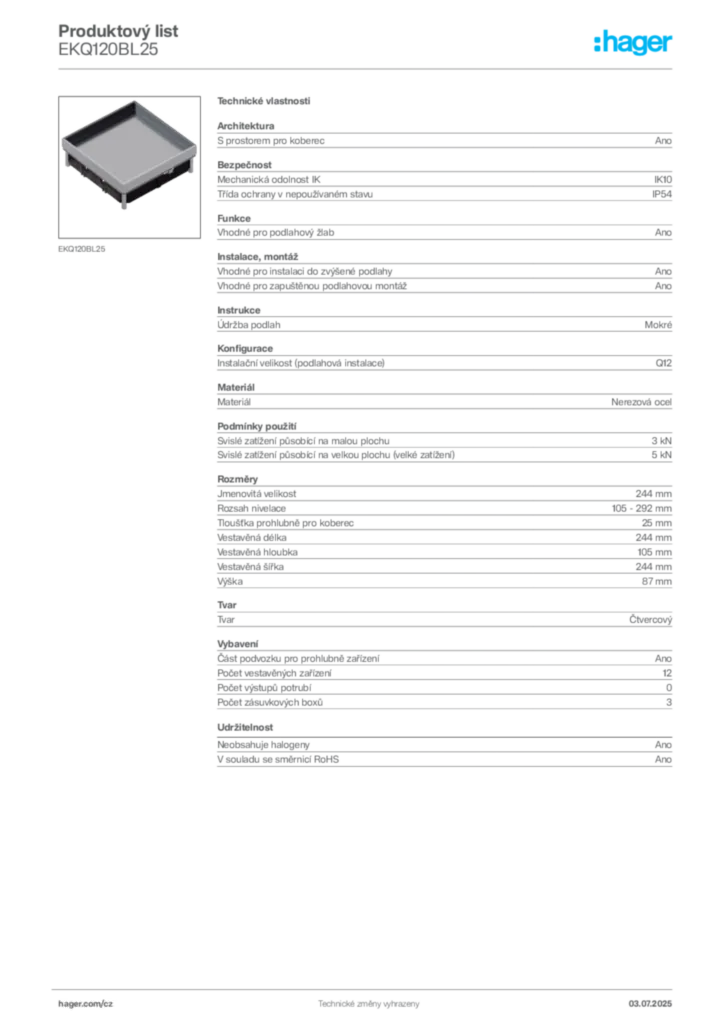 Obrázek Hager Produktový list EKQ120BL25 | Hager