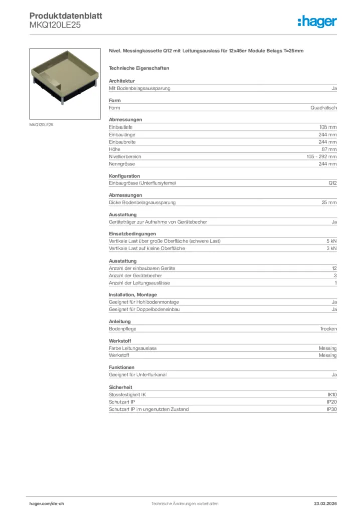 Bild Hager Produktdatenblatt MKQ120LE25 | Hager Schweiz