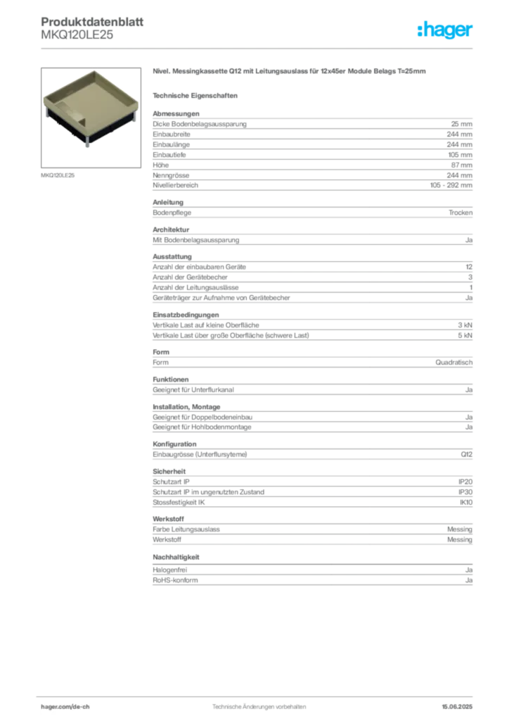 Bild Hager Produktdatenblatt MKQ120LE25 | Hager Schweiz