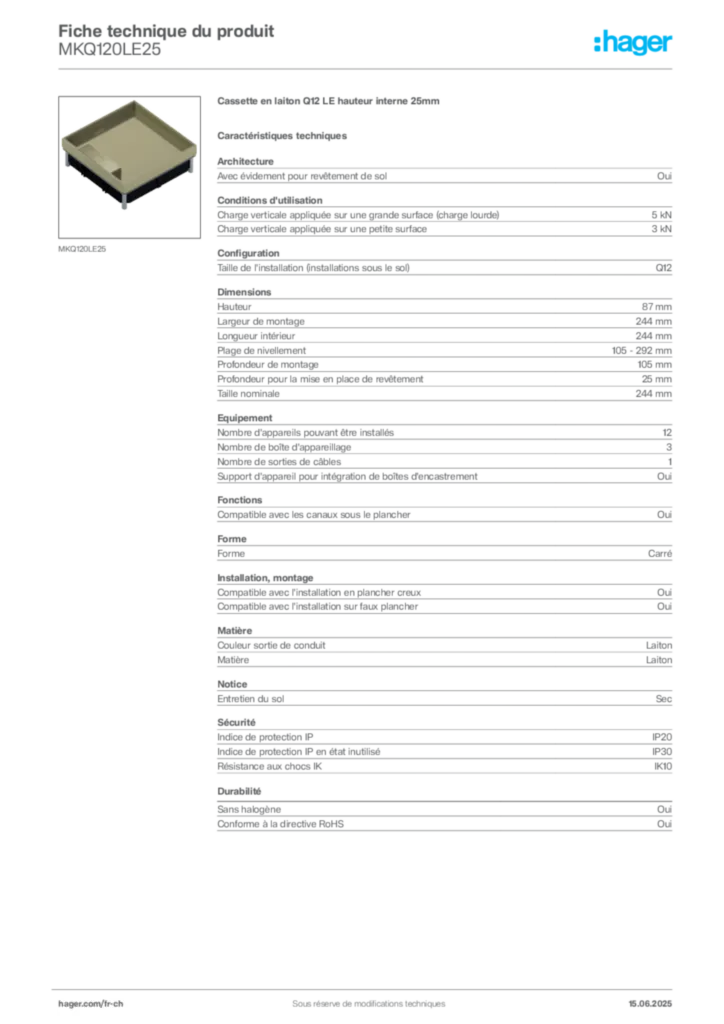 Image Hager Fiche technique du produit MKQ120LE25 | Hager Suisse