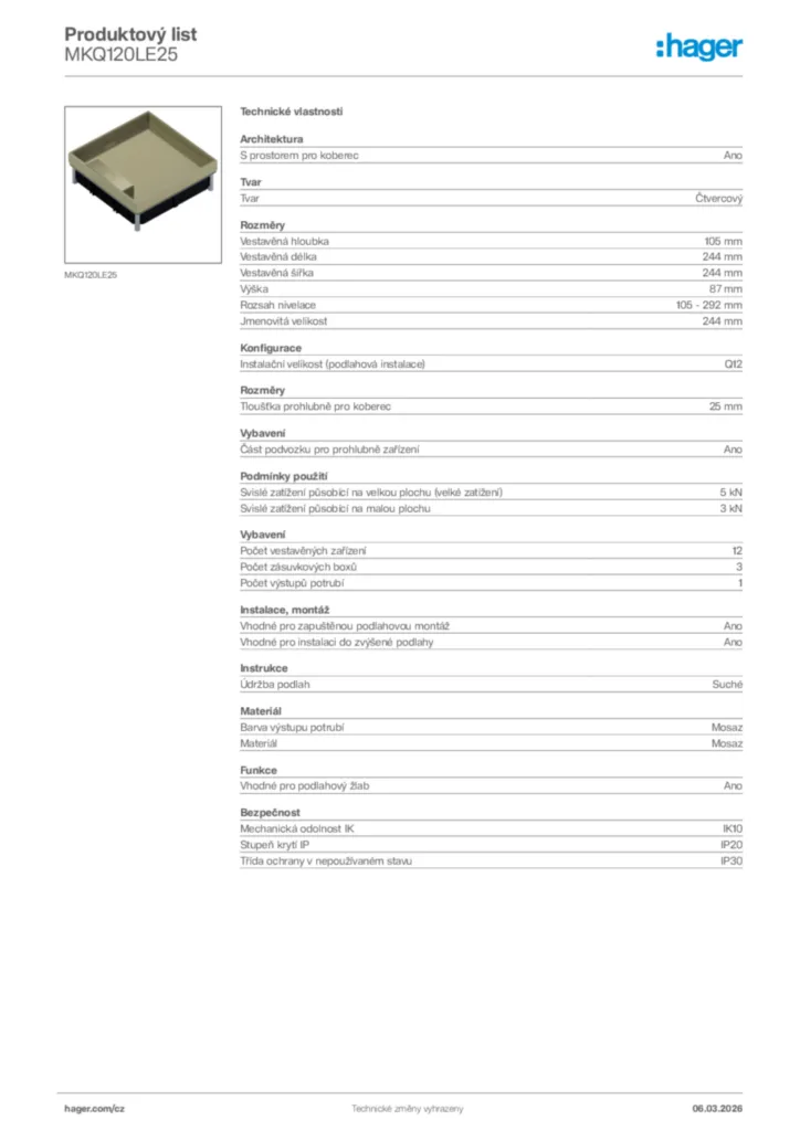 Obrázek Hager Product data sheet MKQ120LE25 | Hager