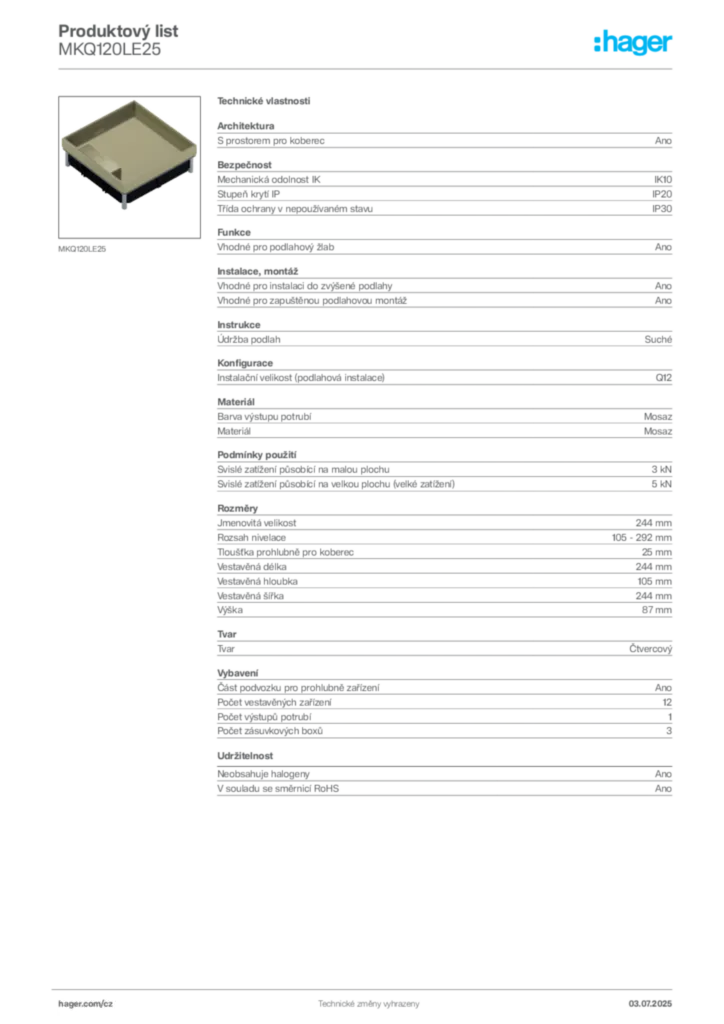Obrázek Hager Produktový list MKQ120LE25 | Hager