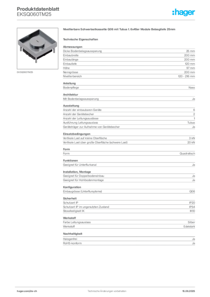Bild Hager Produktdatenblatt EKSQ060TM25 | Hager Schweiz