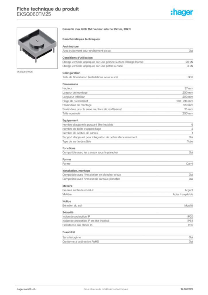 Image Hager Fiche technique du produit EKSQ060TM25 | Hager Suisse
