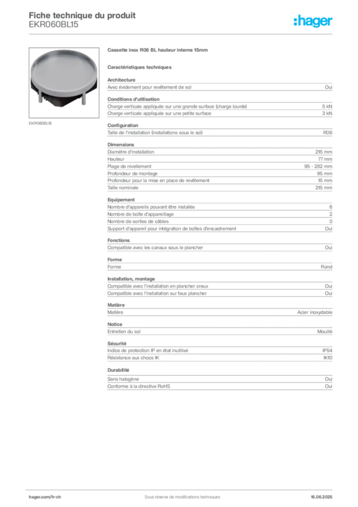 Image Hager Fiche technique du produit EKR060BL15 | Hager Suisse