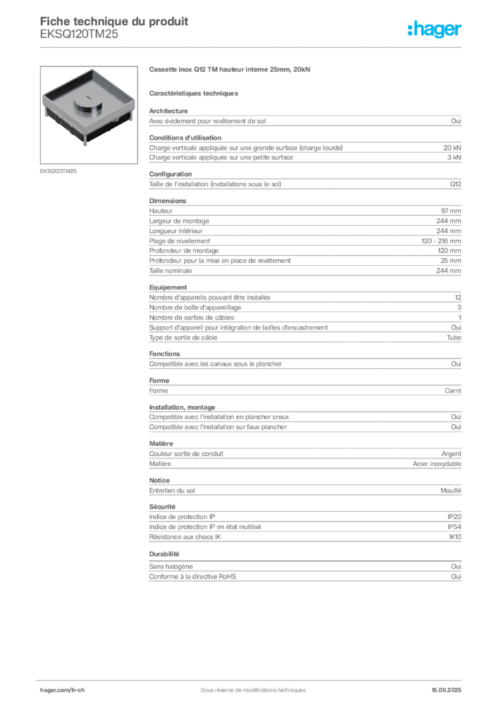 Image Hager Fiche technique du produit EKSQ120TM25 | Hager Suisse