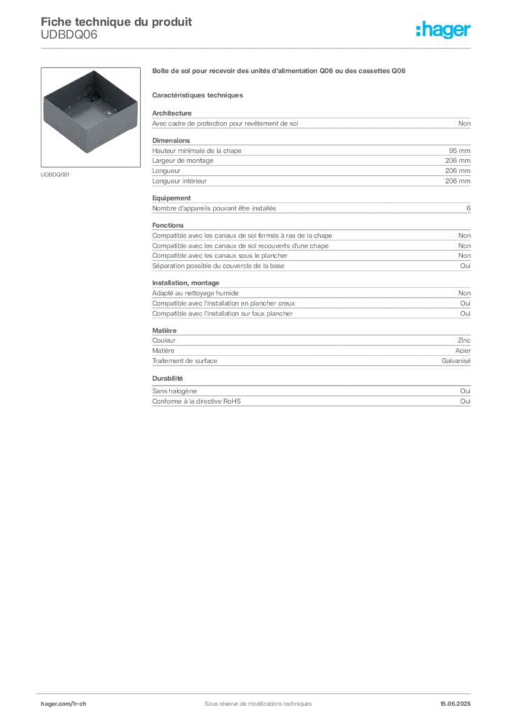 Image Hager Fiche technique du produit UDBDQ06 | Hager Suisse