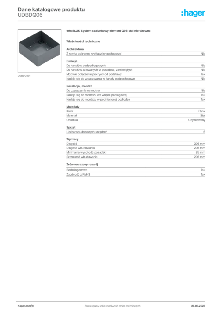 Zdjęcie Hager Dane katalogowe produktu UDBDQ06 | Hager Polska