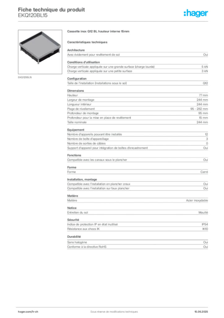 Image Hager Fiche technique du produit EKQ120BL15 | Hager Suisse