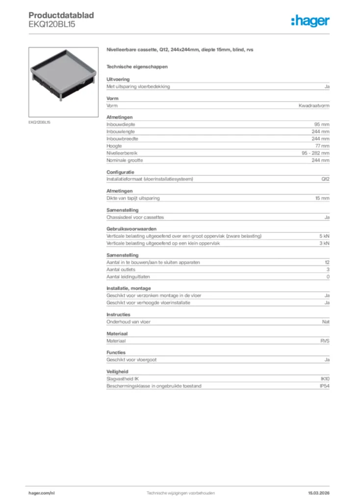 Afbeelding Hager Productdatablad EKQ120BL15 | Hager Nederland