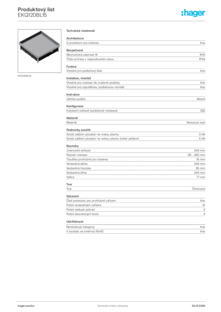 Obrázek Hager Produktový list EKQ120BL15 | Hager