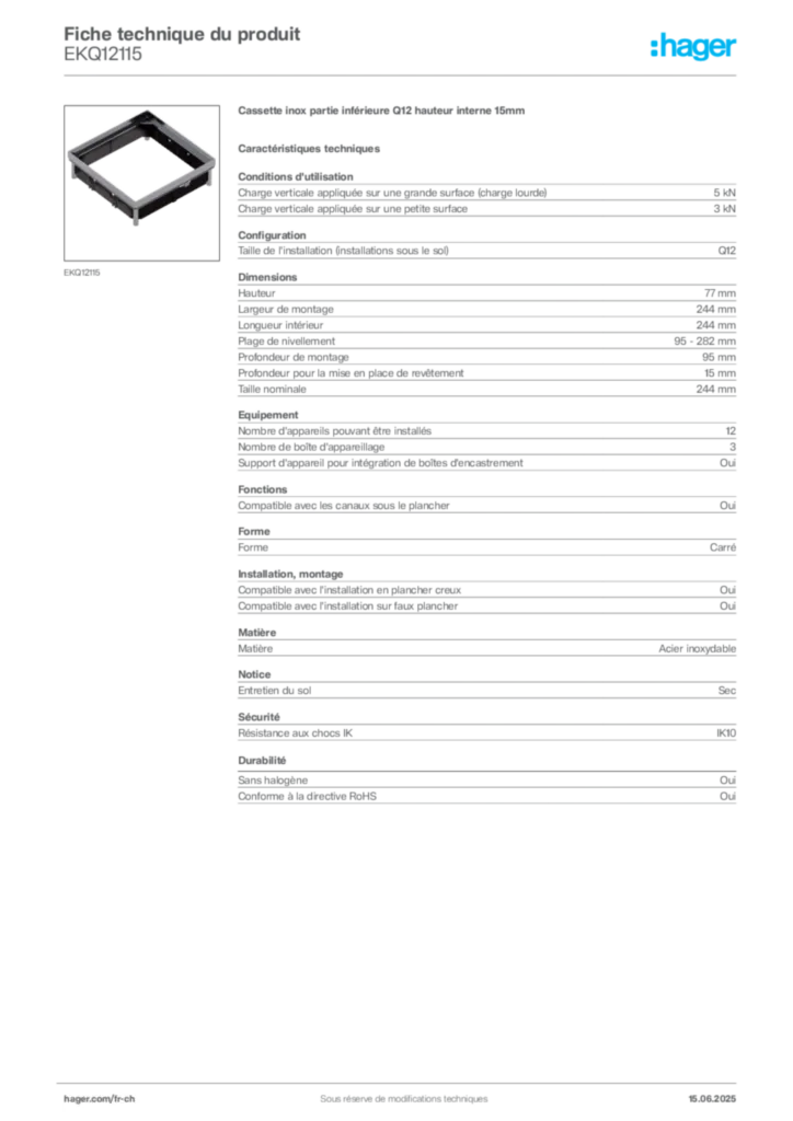 Image Hager Fiche technique du produit EKQ12115 | Hager Suisse