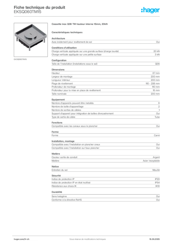 Image Hager Fiche technique du produit EKSQ060TM15 | Hager Suisse