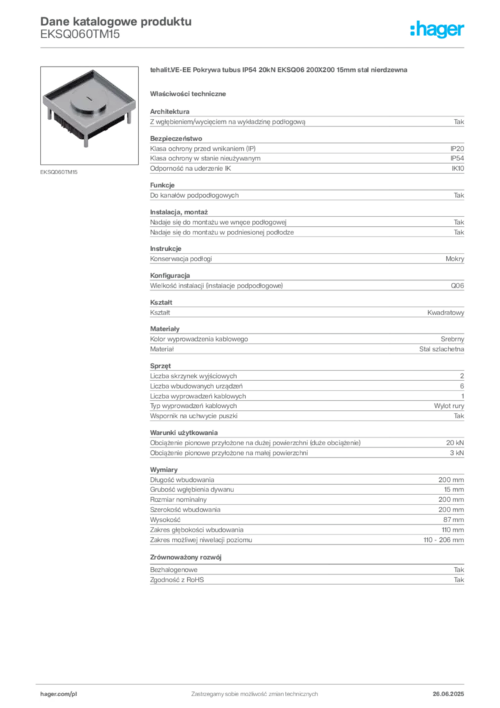 Zdjęcie Hager Dane katalogowe produktu EKSQ060TM15 | Hager Polska