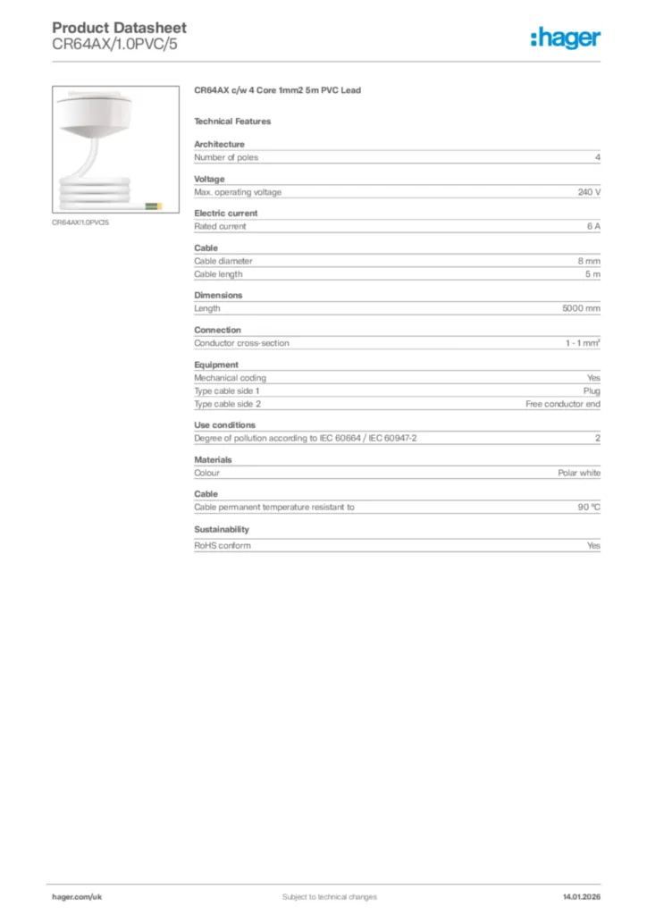 Image Hager Product data sheet CR64AX/1.0PVC/5  | Hager