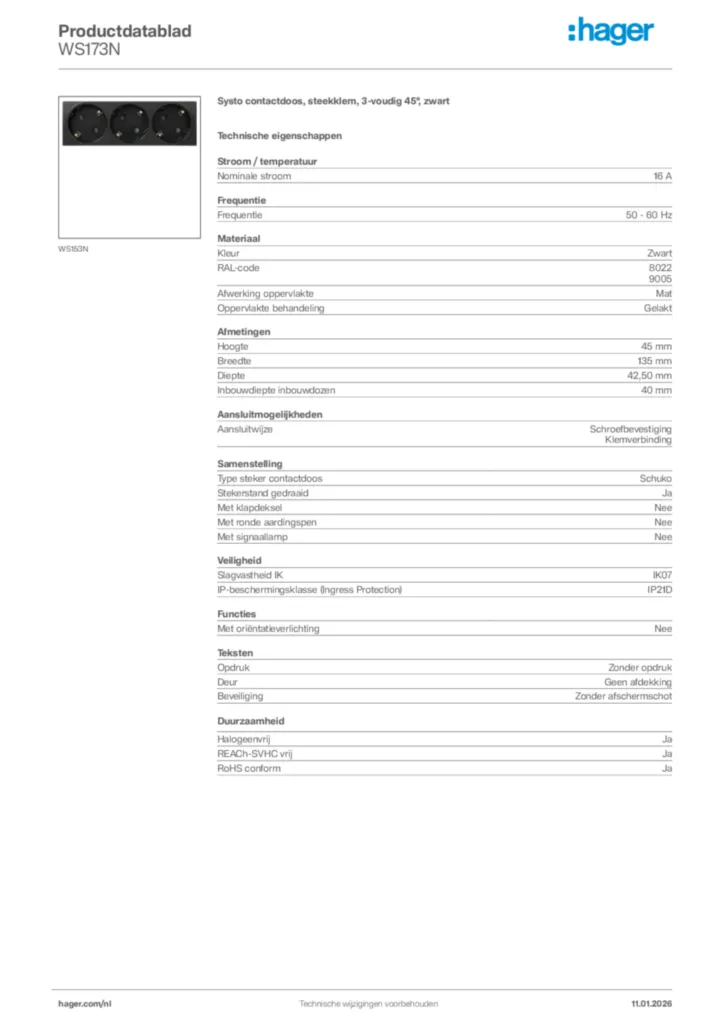 Afbeelding Hager Productdatablad WS173N | Hager Nederland