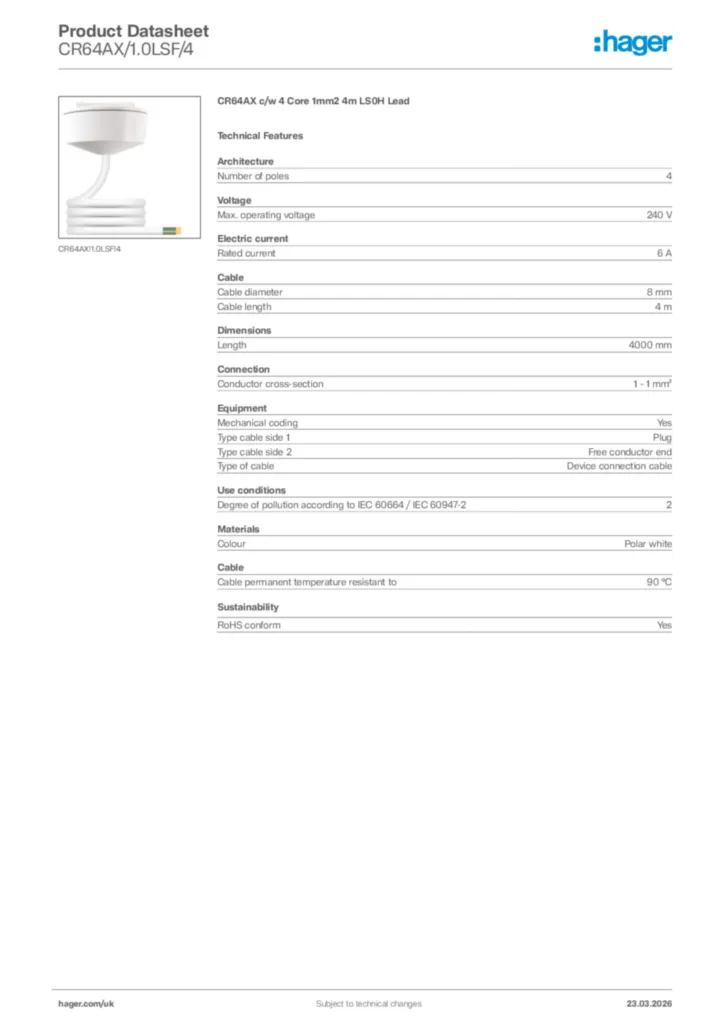 Image Hager Product data sheet CR64AX/1.0LSF/4  | Hager