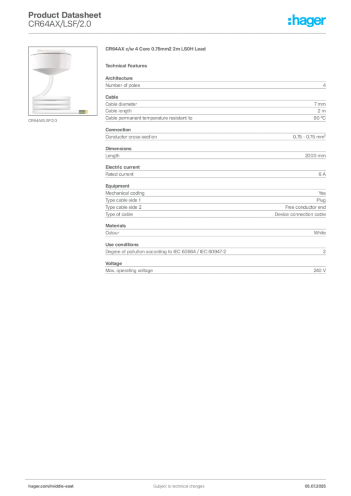 Image Hager Product data sheet CR64AX/LSF/2.0  | Hager