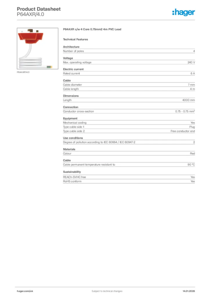 Image Hager Product data sheet P64AXR/4.0  | Hager