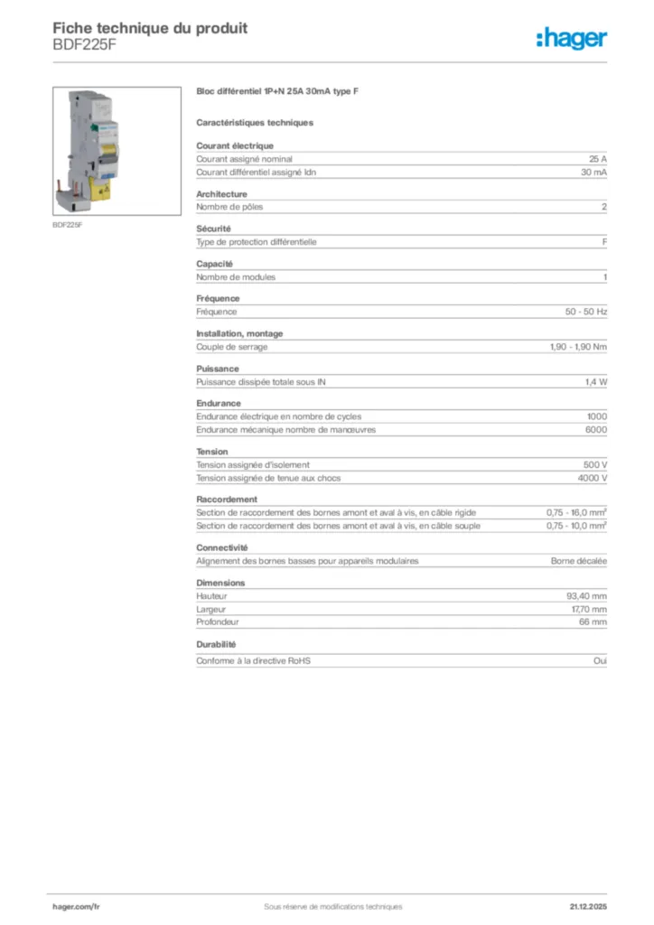 Image Hager Fiche technique du produit BDF225F | Hager France