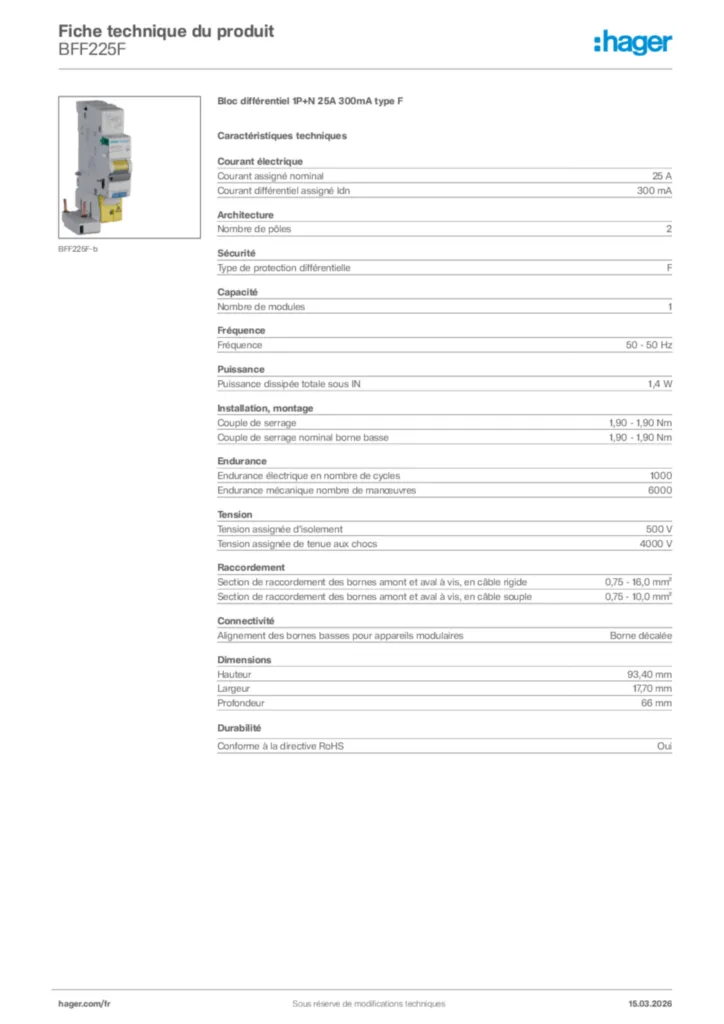 Image Hager Fiche technique du produit BFF225F | Hager France