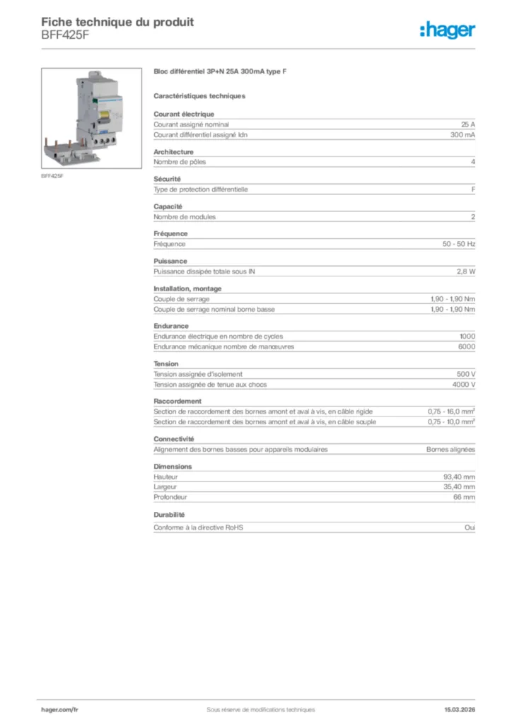 Image Hager Fiche technique du produit BFF425F | Hager France