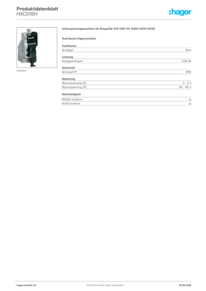 Bild Hager Produktdatenblatt HXC018H | Hager Schweiz