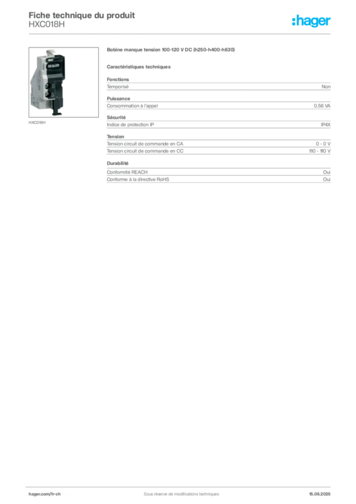 Image Hager Fiche technique du produit HXC018H | Hager Suisse