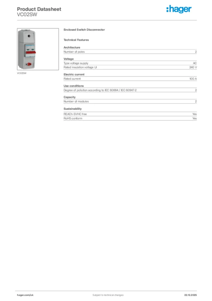 Image Hager Product data sheet VC02SW  | Hager