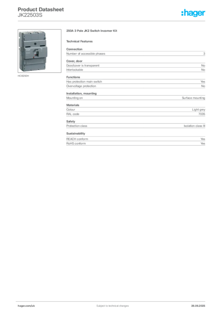 Image Hager Product data sheet JK22503S  | Hager