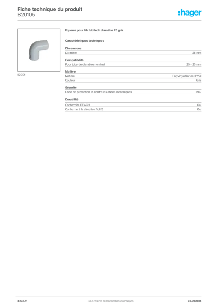 Image Iboco Fiche technique du produit B20105 | Hager France