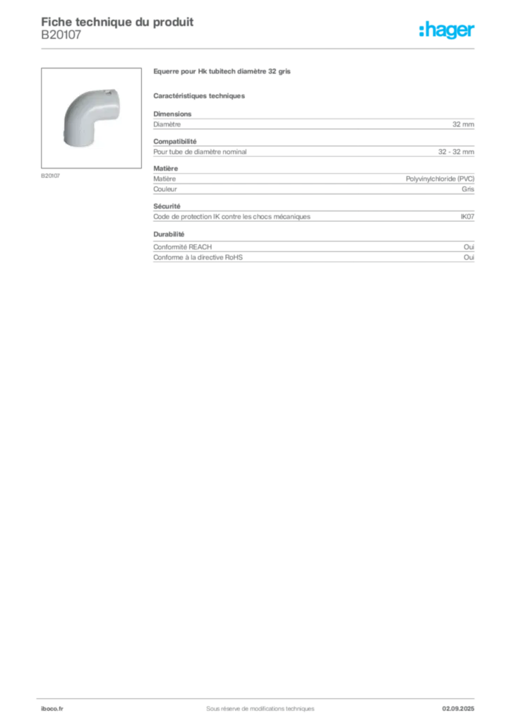 Image Iboco Fiche technique du produit B20107 | Hager France