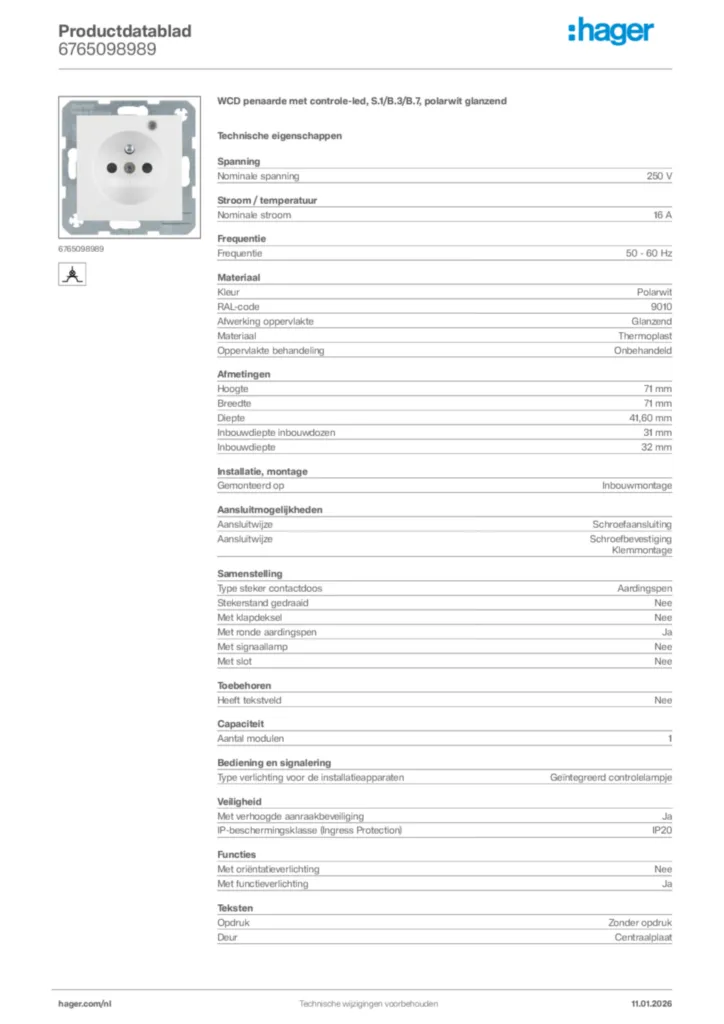 Afbeelding Hager Productdatablad 6765098989 | Hager Nederland