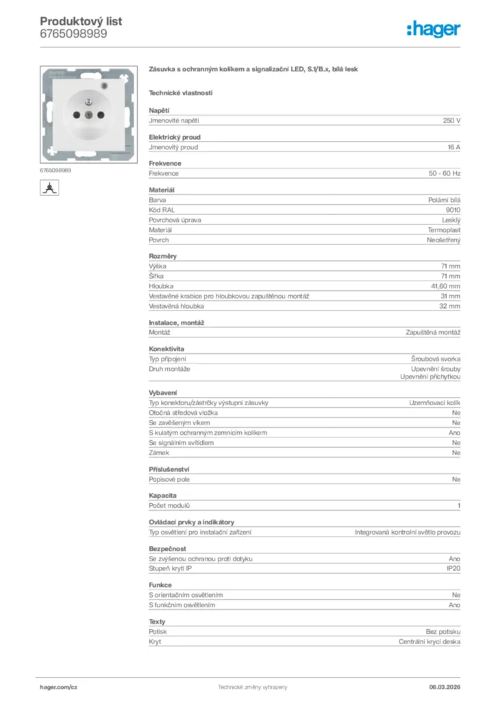 Obrázek Hager Product data sheet 6765098989 | Hager
