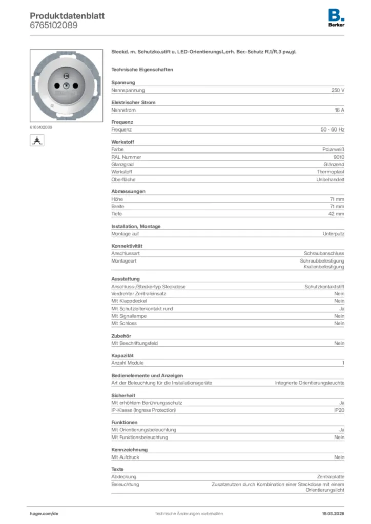 Bild Berker Produktdatenblatt 6765102089 | Hager Deutschland
