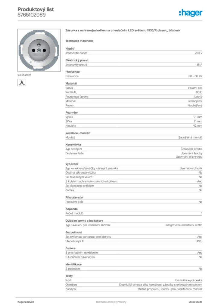 Obrázek Hager Product data sheet 6765102089 | Hager