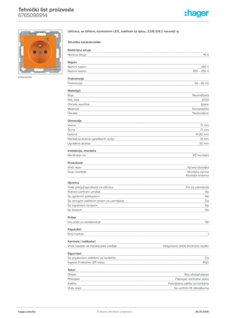 Slika Hager Product data sheet 6765098914  | Hager