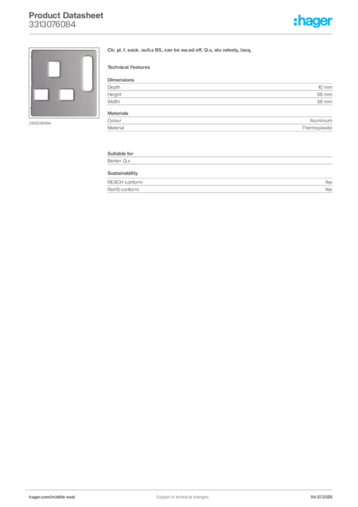 Image Hager Product data sheet 3313076084  | Hager