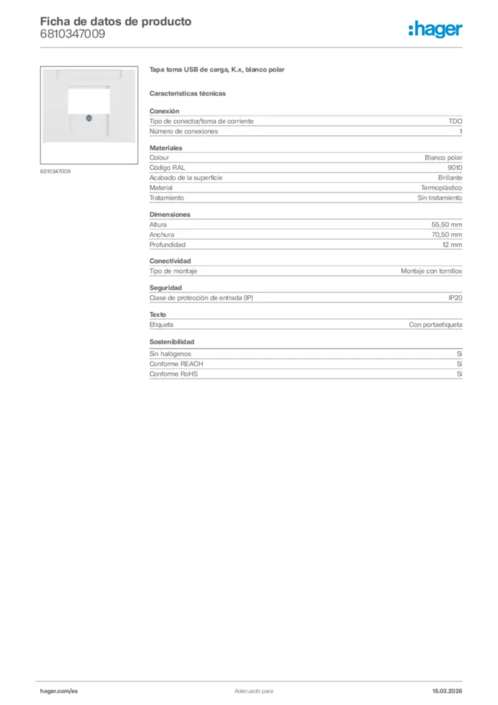 Imagen Hager Ficha de datos de producto 6810347009 | Hager España