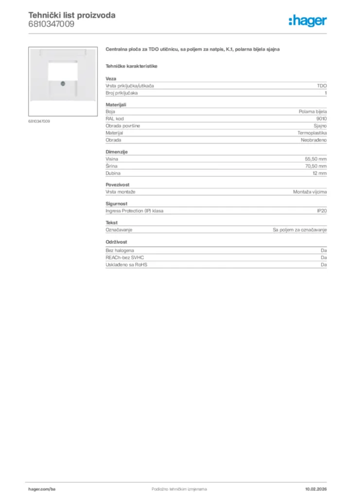 Slika Hager Tehnički list proizvoda 6810347009  | Hager