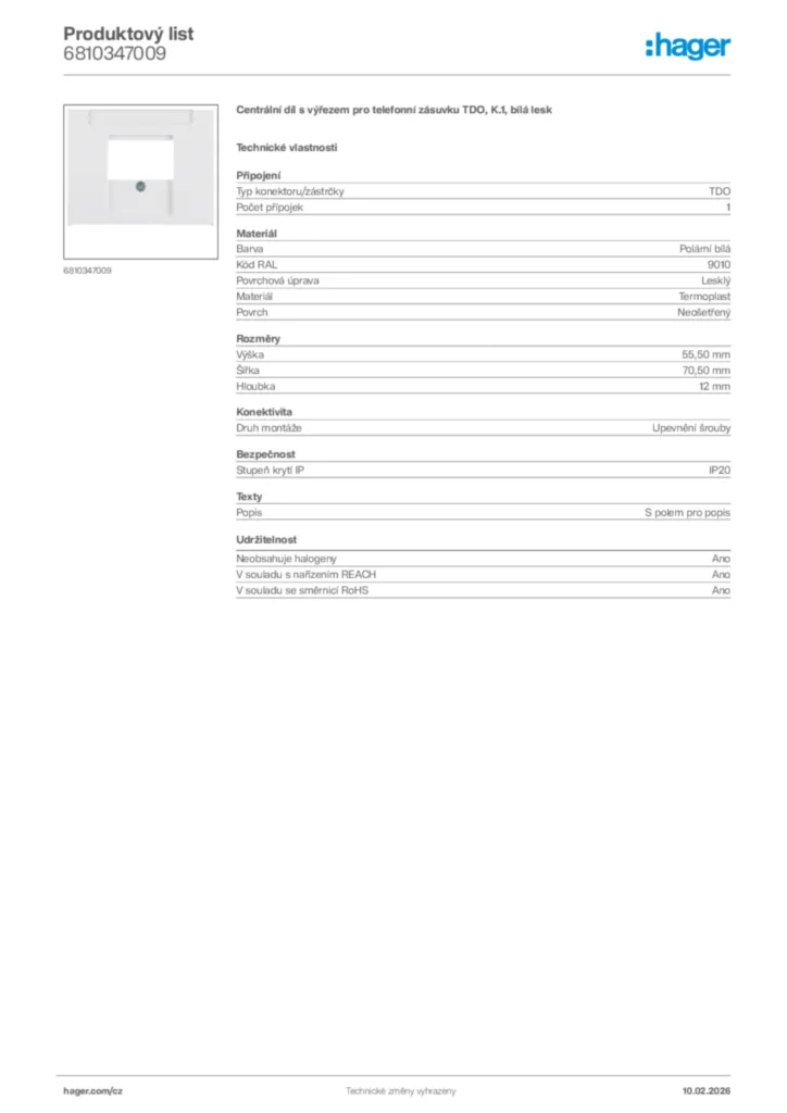 Obrázek Hager Product data sheet 6810347009 | Hager