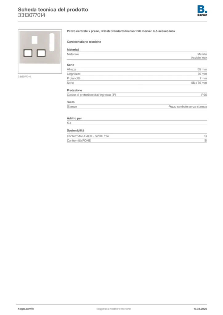 Immagine Berker Scheda tecnica del prodotto 3313077014 | Hager Italia