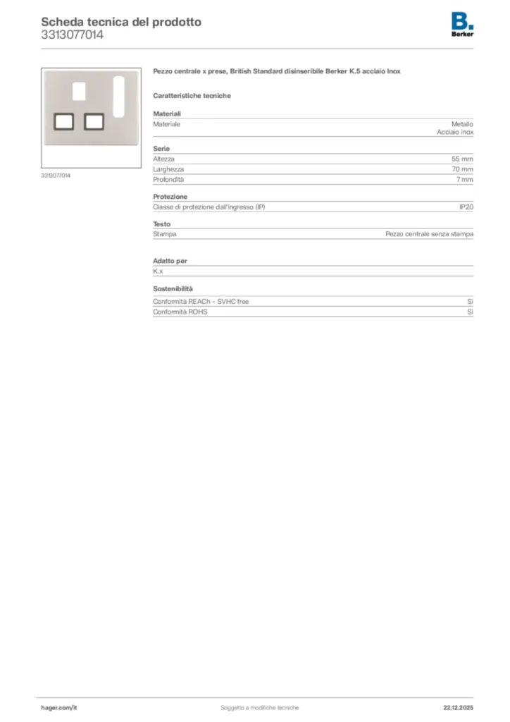 Immagine Berker Scheda tecnica del prodotto 3313077014 | Hager Italia