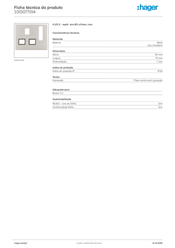 Imagem Hager Ficha técnica do produto 3313077014 | Hager Portugal