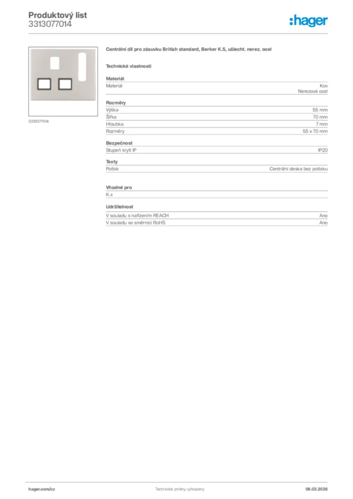 Obrázek Hager Product data sheet 3313077014 | Hager